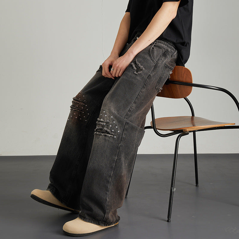 Vintage Niche Ripped Straight Leg Washed Denim Jeans for Men and Women