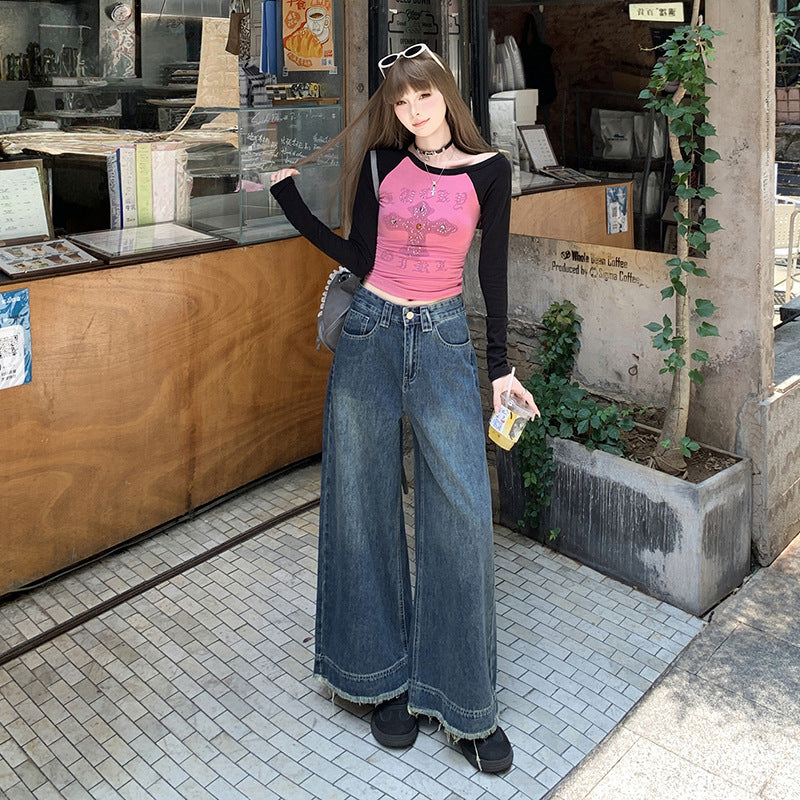 Retro Denim Ankle-Length Pants for Women - High Waist Loose Straight Leg Trousers