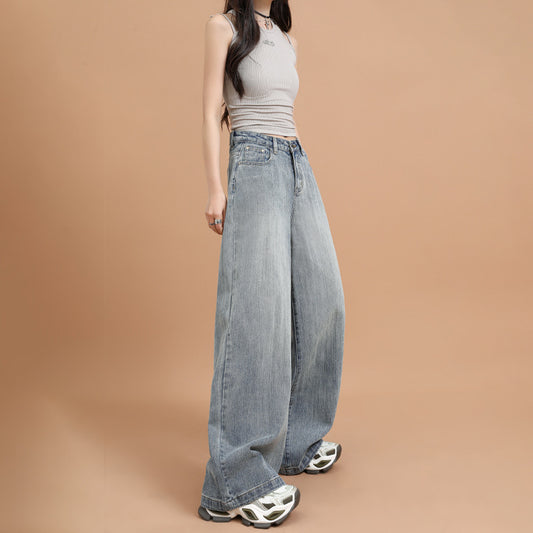 Bamboo Knot Pattern Loose Wide Leg Denim Pants for Women – Retro Straight Trousers