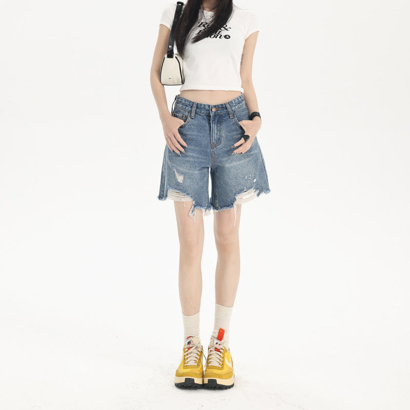 Blue Five-Quarter Denim Shorts for Women - Low Waist Ripped Straight Leg