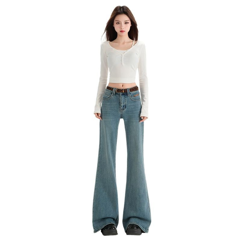 Retro Blue Non-tight Micro-flare Denim Pants for Women - Slimming Elegant Horseshoe Trousers