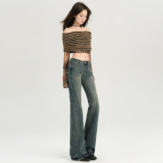 Women's Design Low Waist Flared Jeans - Versatile Floor-Length Pants