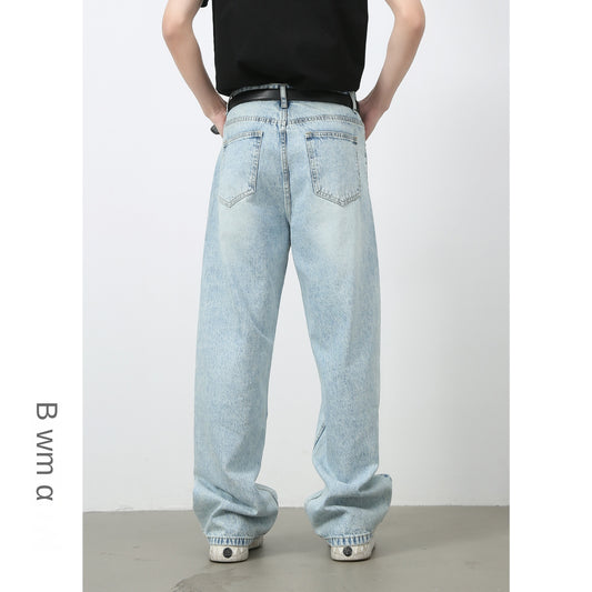 Basic Light Blue Denim Trousers for Men | Korean Style Loose Straight Leg Wide-Leg Long Pants