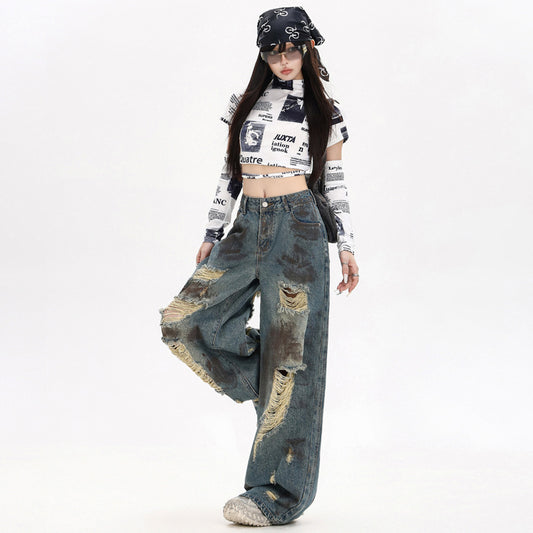 Street Distressed Graffiti Denim Pants for Women - Loose High Waist Wide Leg Trousers