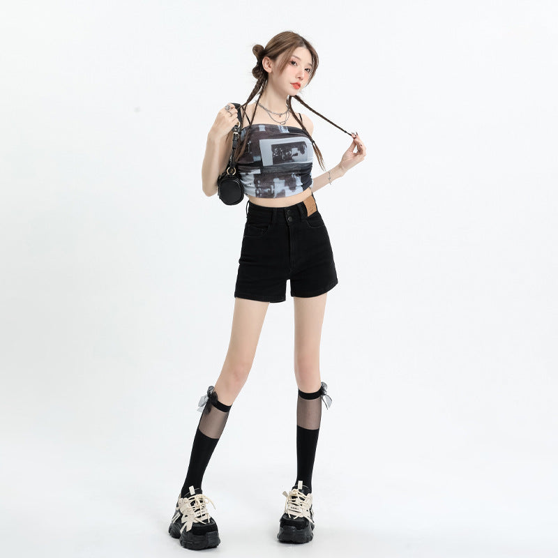 Retro High Waist Slimming A-Line Denim Shorts for Women