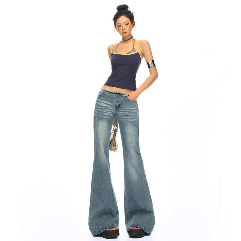 Retro Blue Low-Waist Spicy Girl Denim Pants for Women - Slim Fit Flare Jeans