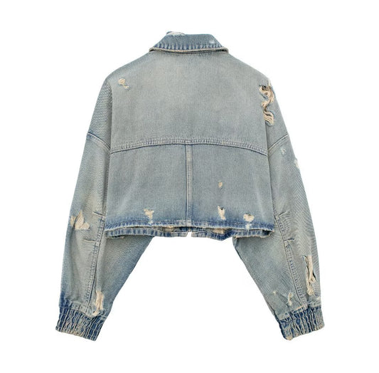 Women's Autumn/Winter Ripped Crop Denim Jacket - Vintage Long Sleeve Zipper Streetwear