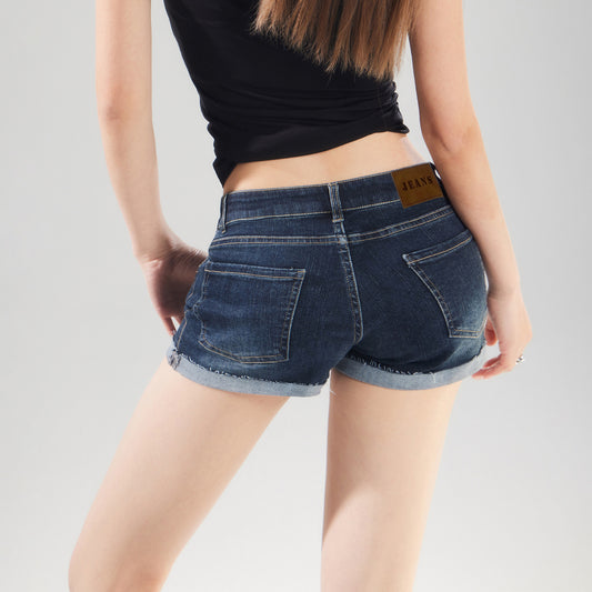Dark Blue Cuffed Denim Shorts for Women - Elastic High Waist Washed Versatile Hot Pants