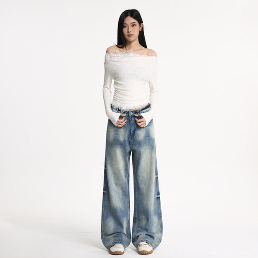 Washed Blue Bamboo Texture Flared Denim Pants - Unisex Commuter Wide Leg