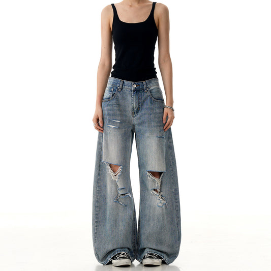 Vintage Ripped Denim Straight Leg Casual Knife Pants