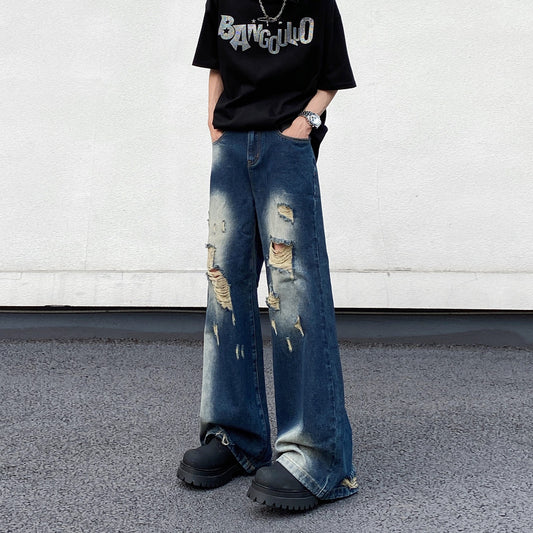 Ripped Blue Denim Loose Straight Casual Pants
