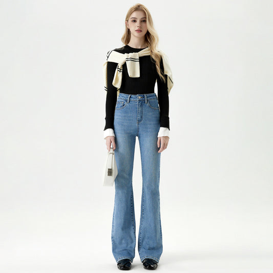 High-Waisted Flared Denim Pants for Women - Slimming Straight Leg Floor-Length Trousers