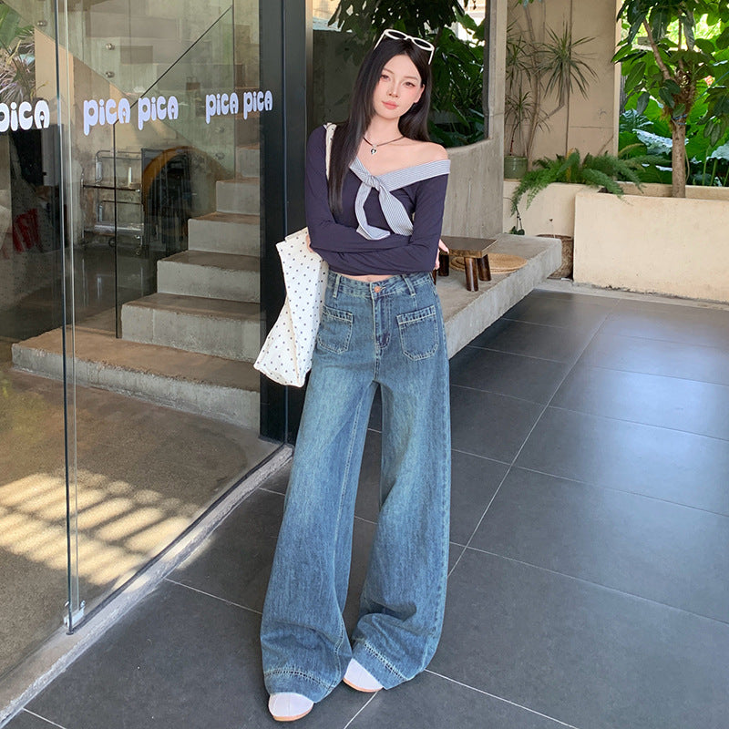 High-Waist Wide-Leg Denim Jeans for Women – Slimming Dark Blue Trousers