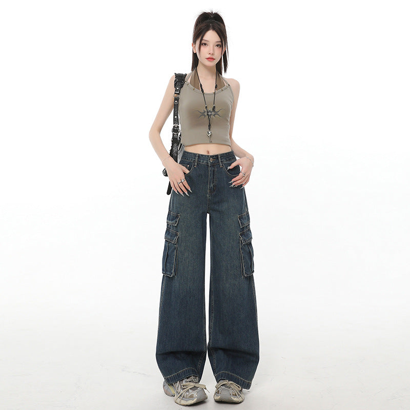 Street Retro Wide-Leg Jeans for Women - High-Waist Loose Straight Leg with Multi-Pocket Design