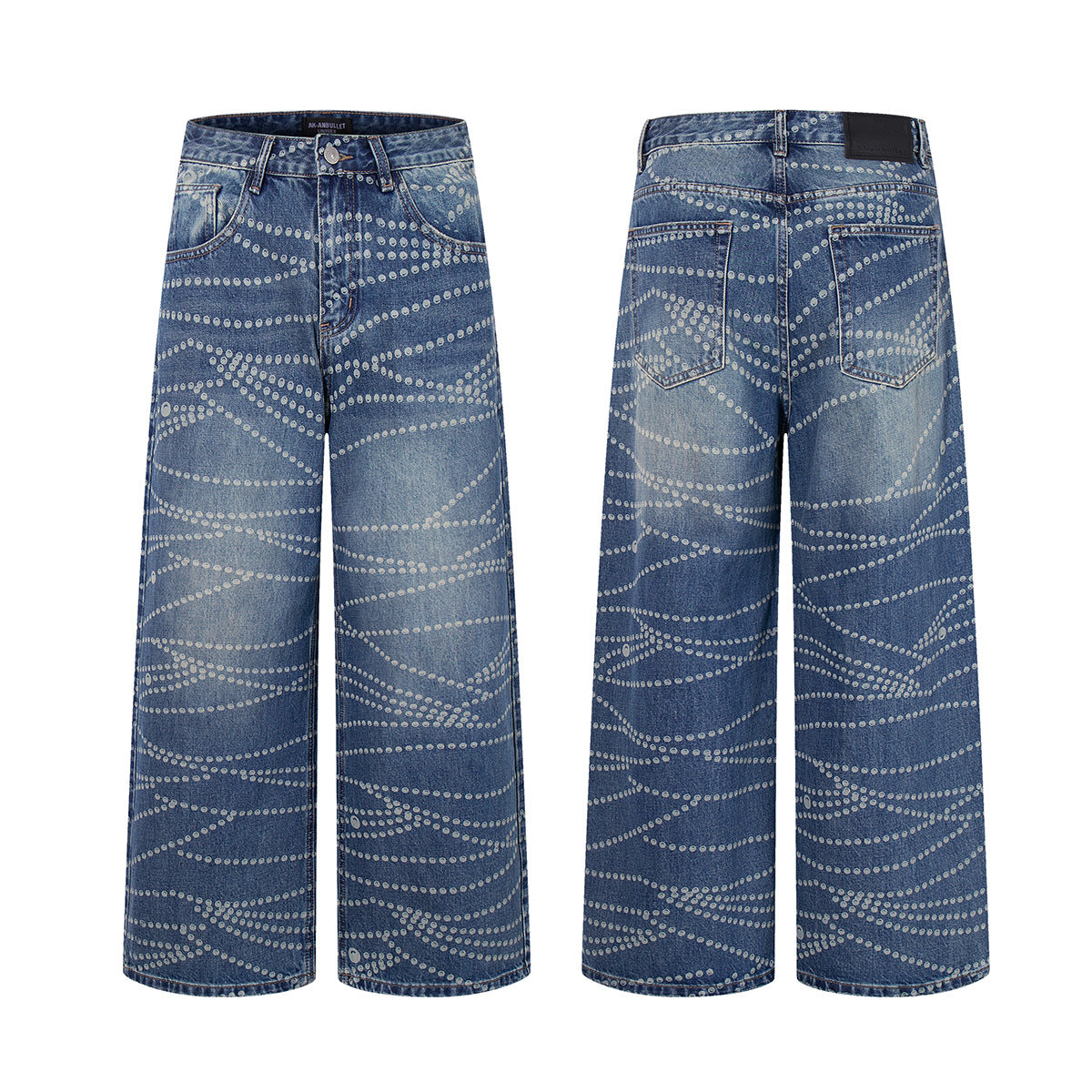 Printed Washed Denim Pants with Loose and Wide Legs
