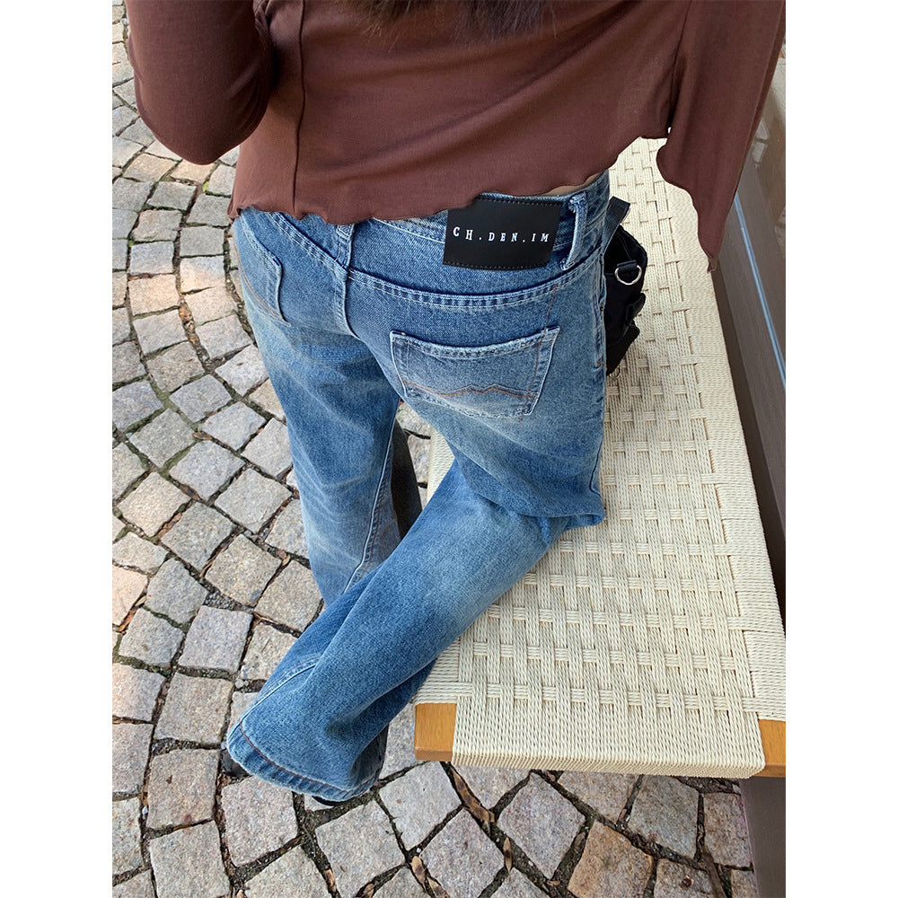 Double Waist Design Jeans Women's Flared Long Pants with Grab Pattern