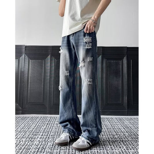 Lightning Pattern Ripped Denim Wide Leg Pants - Premium Japanese Craftsmanship