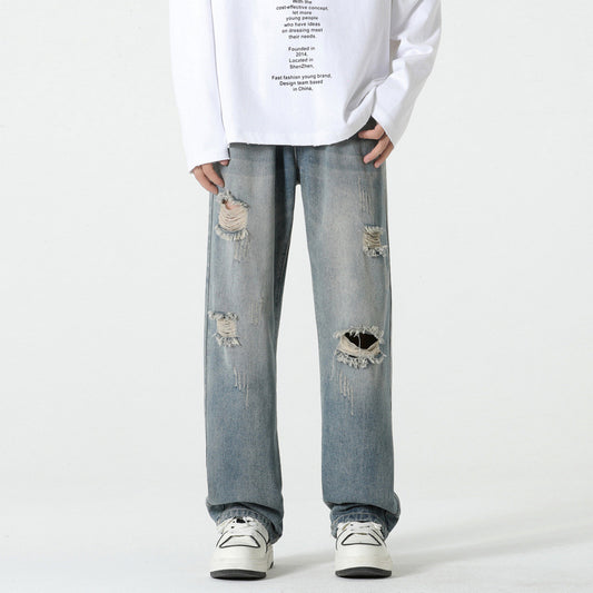 Men's Loose Straight Leg Trousers - Vintage Blue Wide Leg Pants