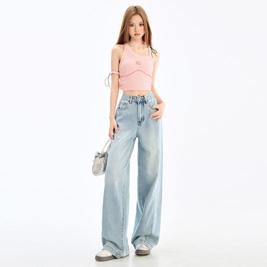 Vintage High-Waisted Wide-Leg Jeans for Women - Loose and Slimming Full-Length Straight Pants