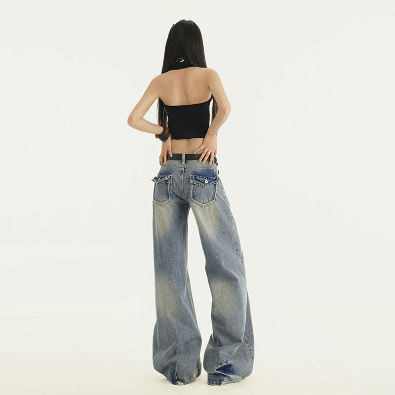 Gradient Washed Denim Pants for Women - Retro Loose Straight Leg Wide Leg Pants
