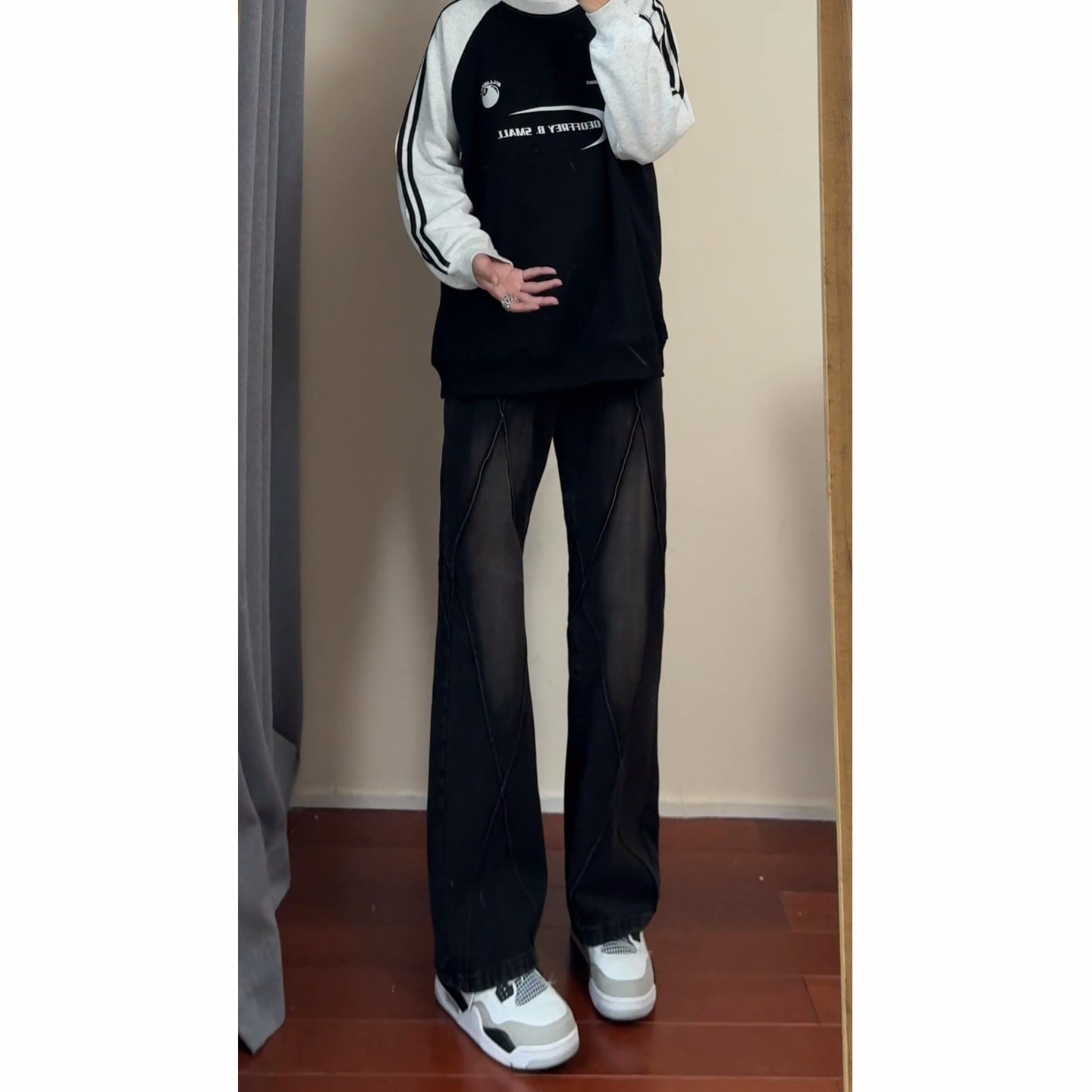 Retro Patchwork Split Straight Leg Jeans