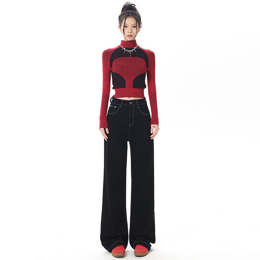 Women's Black Retro Wide Leg Jeans - Trendy Loose Floor-Length Pants