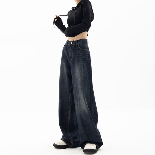 Retro Street Style Wide-Leg Pants - Unique Blue High-Waist Denim Trousers for Women