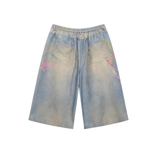 Retro Cartoon Chain Print Loose Wide-Leg Mid-Length Denim Shorts for Men