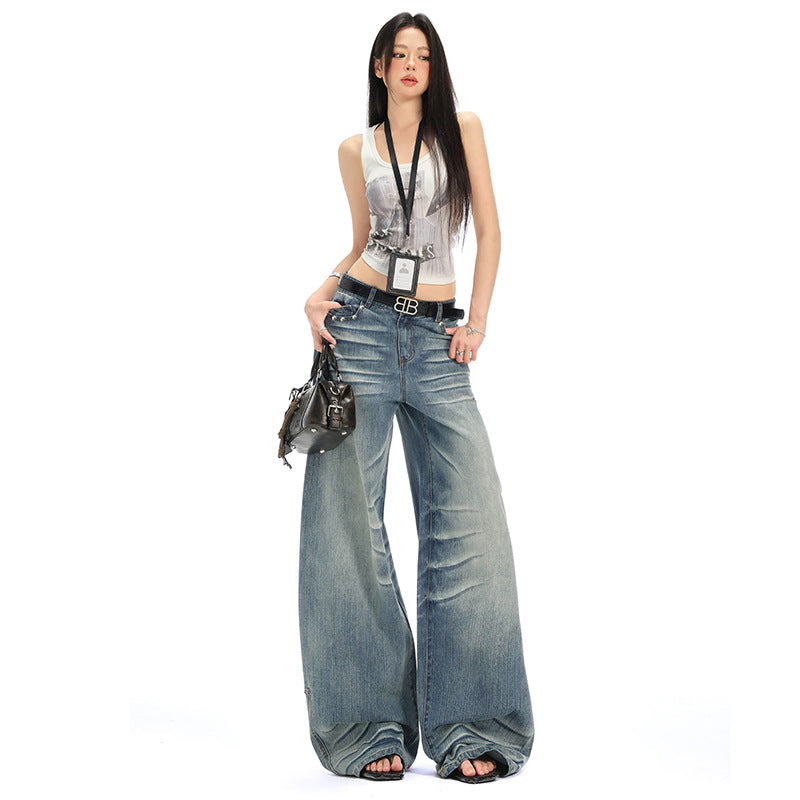 Retro Spicy Girl Washed Pleated Wide-Leg Jeans