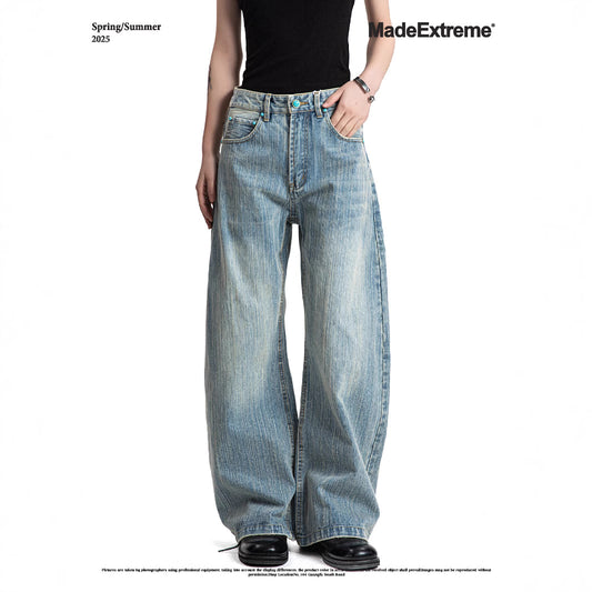 Washed Bamboo Slub Faded White Unisex Summer Loose Straight Denim Pants