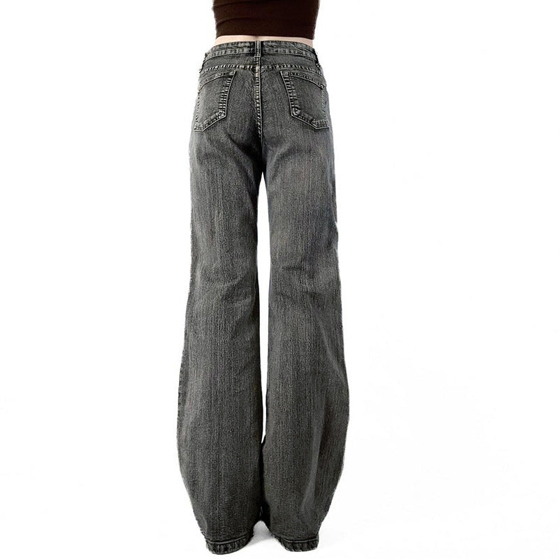 Bead Embroidery Floral Design Vintage Washed Micro Flared Jeans