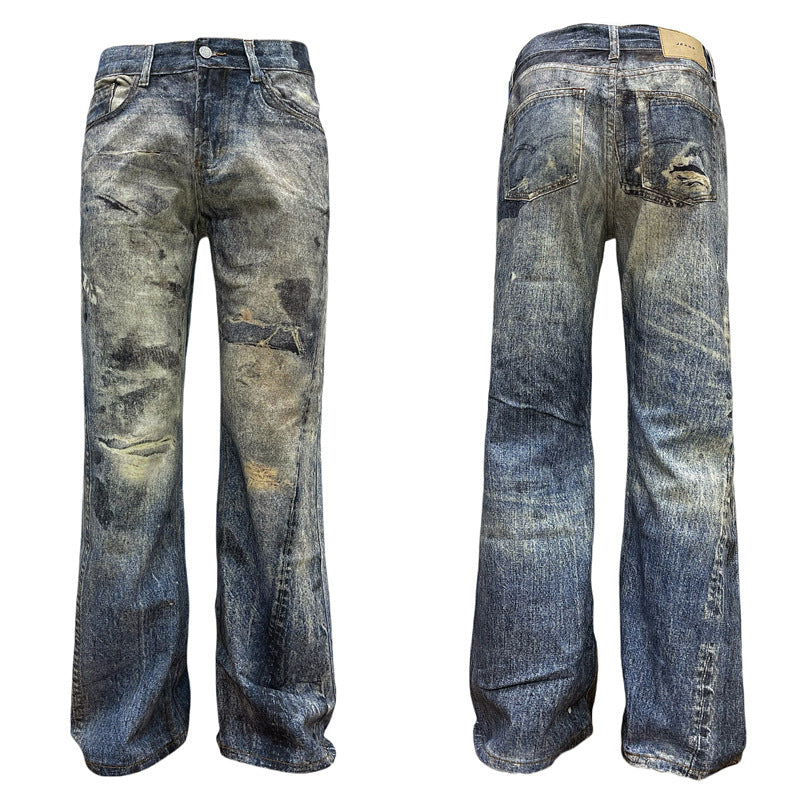 Digital Print Faded Denim Pants - Unisex Vintage Loose Straight Leg Flare Trousers