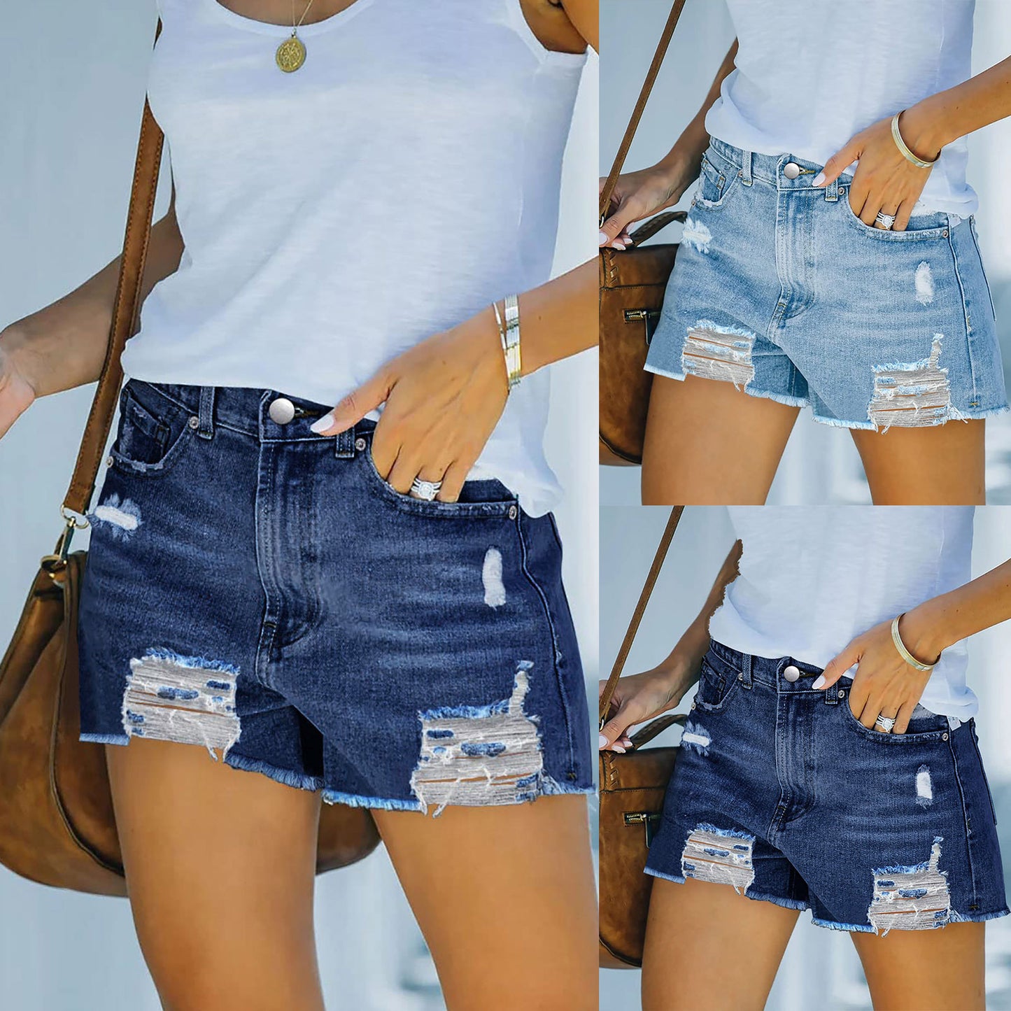 Premium Perforated Elastic Slim Fit Denim Shorts for Women