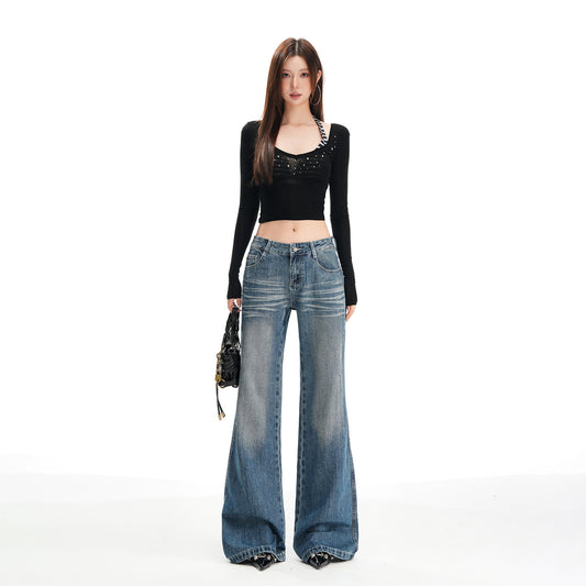 Women's Blue Flared Jeans - Autumn Heavy Wash, Hip-Lifting, Non-Clinging