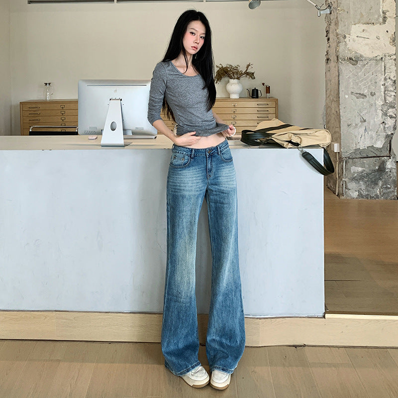 Flared Denim Pants for Women - Low Waist Slim Fit Washed Versatile Elastic Slightly Flared Trousers