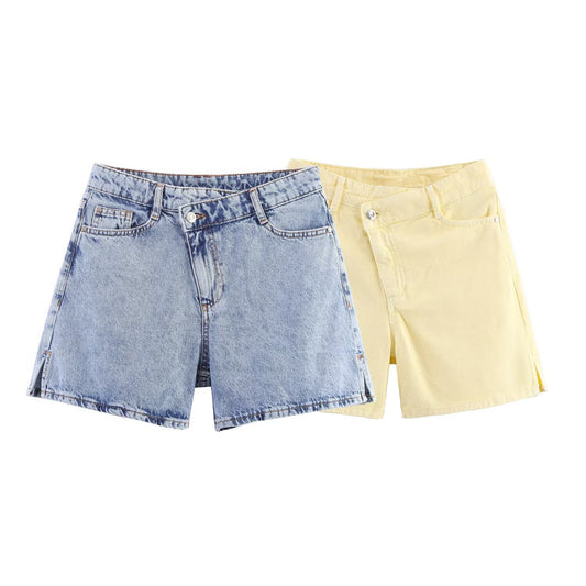 Women's High-Waisted Double-Breasted Denim Shorts