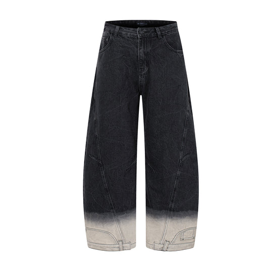 Hanging Dye Washed Gradient Color Jeans with Curved Blade Wide Leg Pants