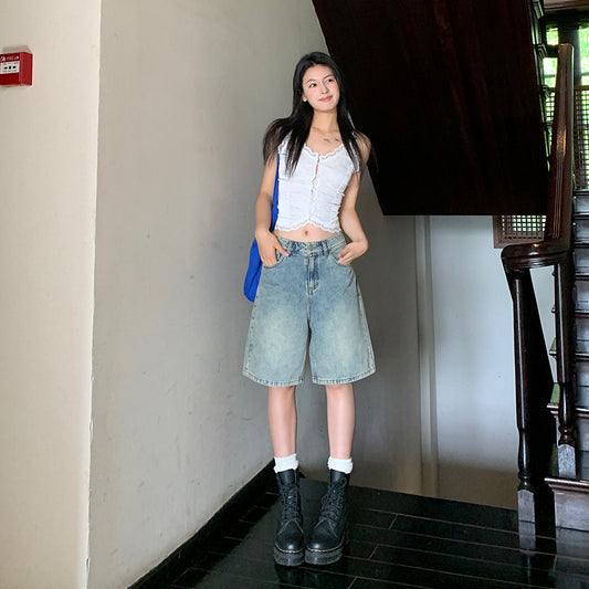 Women's Retro Denim Shorts - High Waist Loose Slim Straight Leg Pants