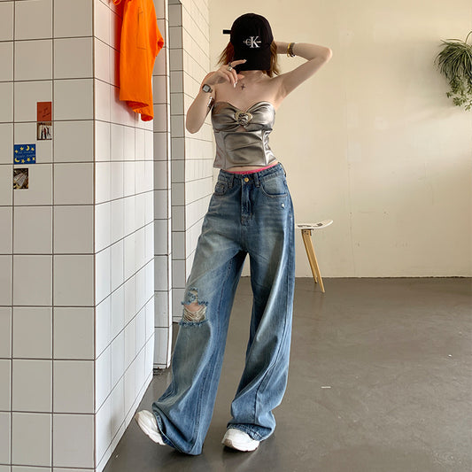 High-Waisted Spicy Girl Distressed Denim Pants for Women - Water Washed Straight Leg Slimming Trousers