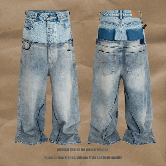 American High Street Design Double Layer Spliced Baggy Denim Trousers for Men