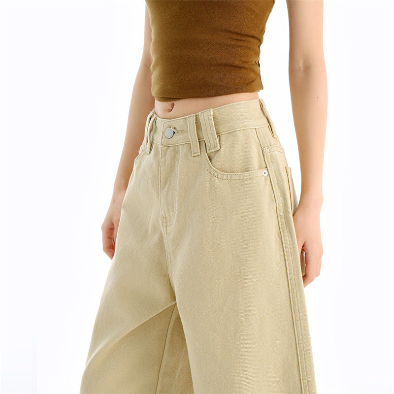 Vintage Washed Calf-Length Denim Pants for Women - Pleated High-Waisted Wide-Leg Trousers