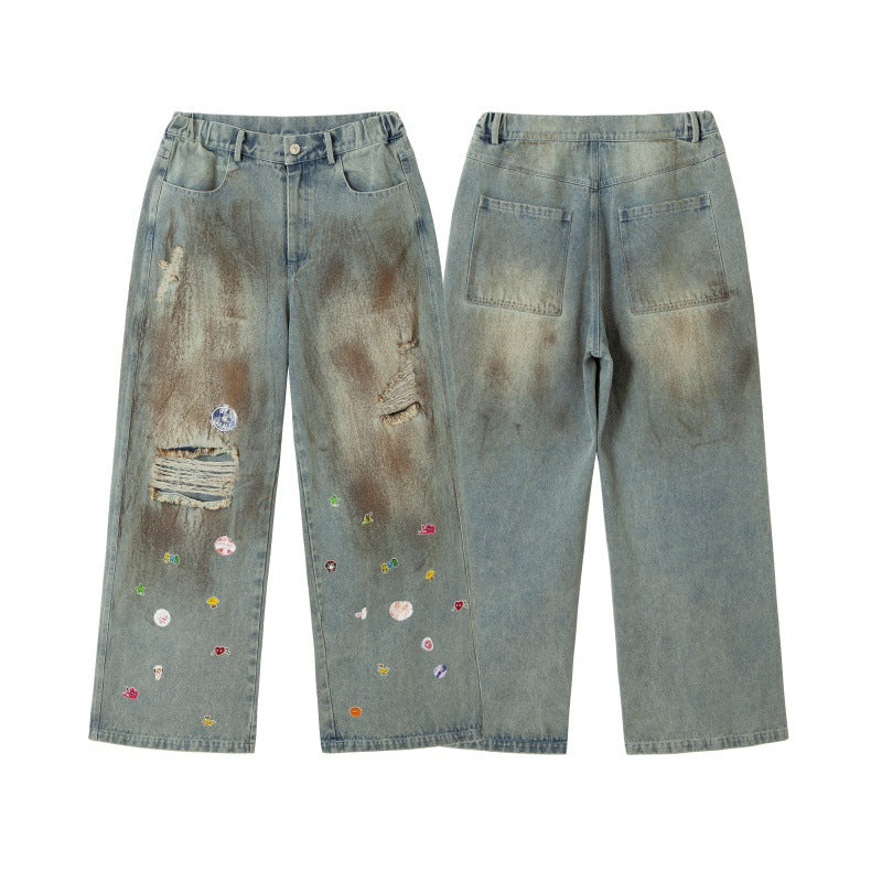 Japanese Retro Splashed Ink Ripped Jeans - Loose Fit Denim Pants