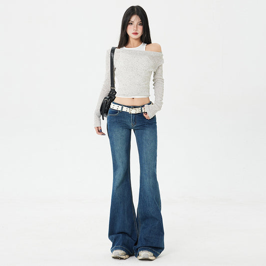 Retro Spicy Girl Flared Jeans - Women Low Waist Slim Fit Elasticity Leggings