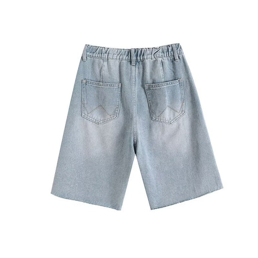 Elastic Waist Frayed Edge Loose Denim Straight Leg Shorts for Women