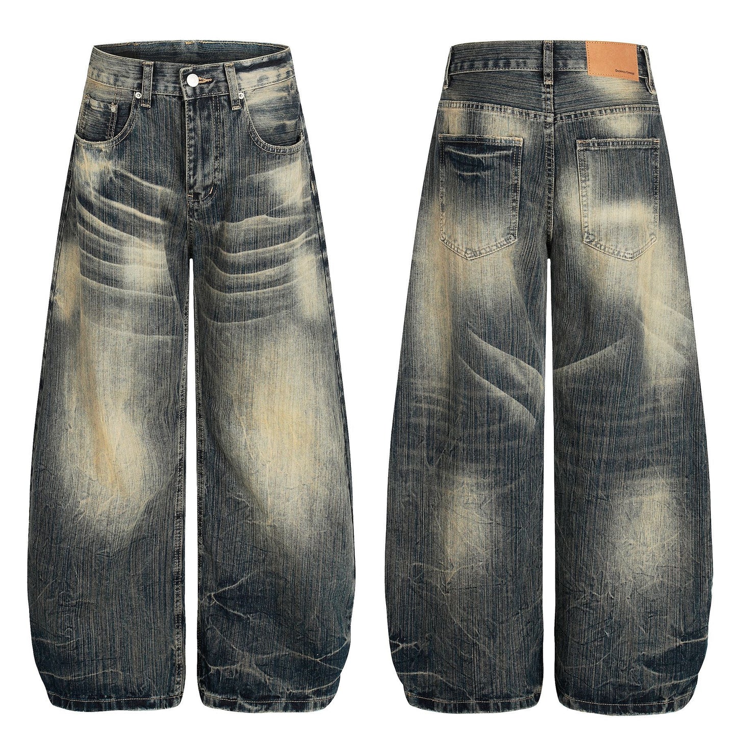 Street Vintage Washed Bamboo Texture Loose Wide-Leg Denim Pants