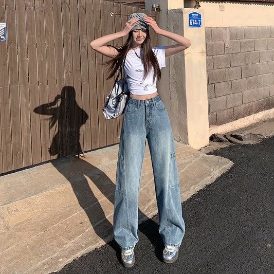 Women’s High-Drop Crotch Wide-Leg Workwear Denim Pants