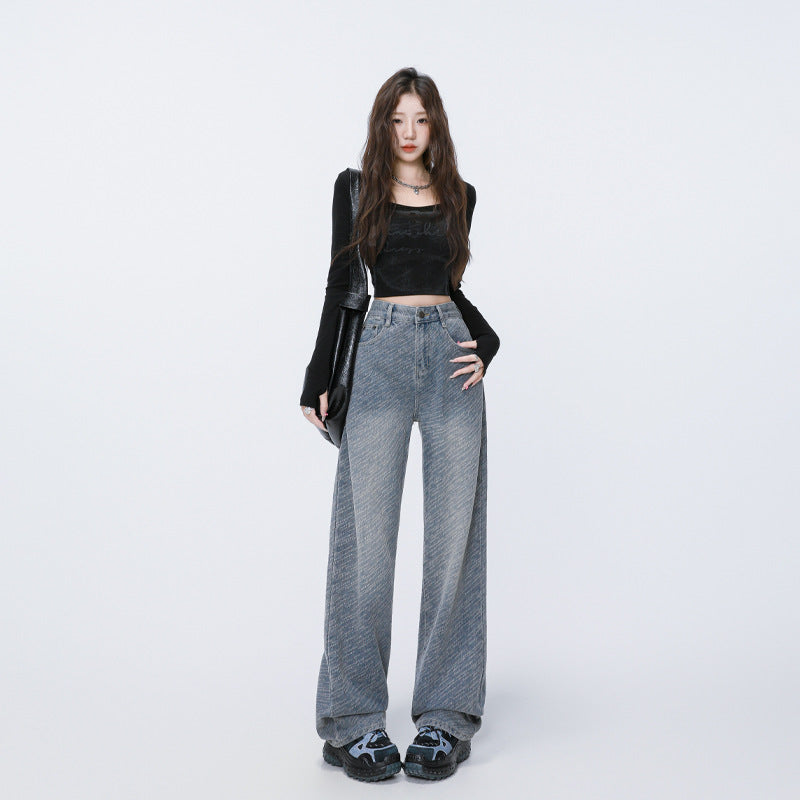 Style Meteor Texture Jacquard Denim Pants for Women - High Waist Straight Loose Slim Fit Wide Leg Trousers