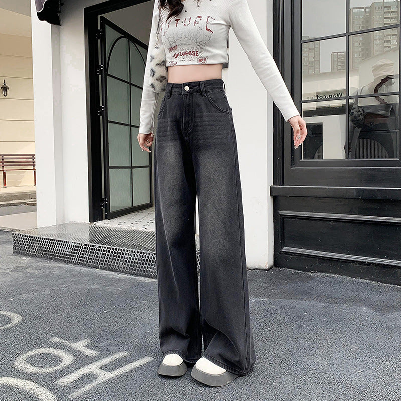 Retro Wide-Leg High-Waist Jeans for Women – Black Grey Loose Drape