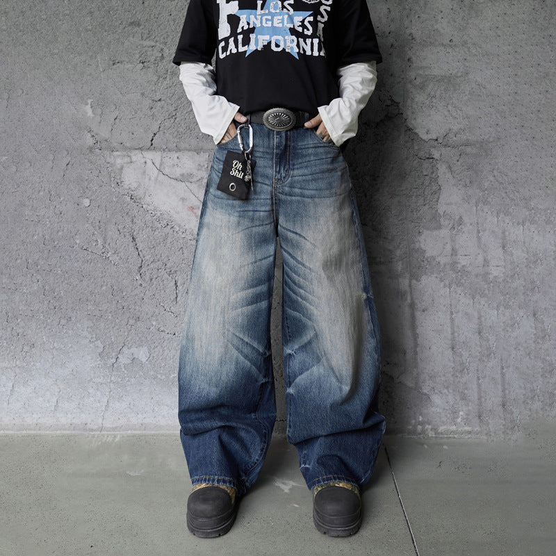 Vintage High-Quality Denim Pants for Men - Washed Gradient Distressed Wide-Leg Style