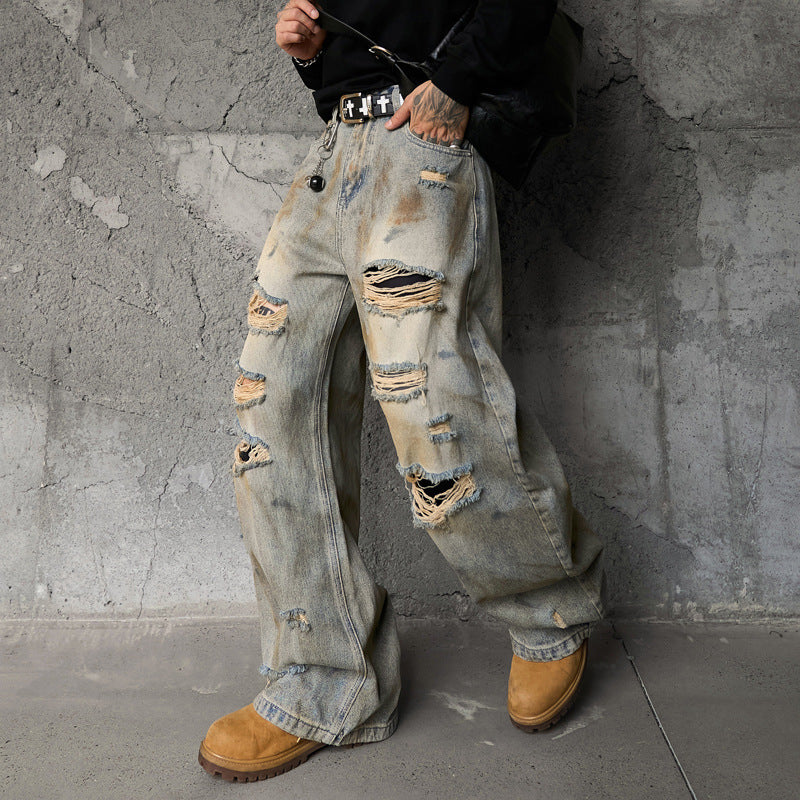 Knife-Shape Loose Straight Leg Distressed Jeans for Men